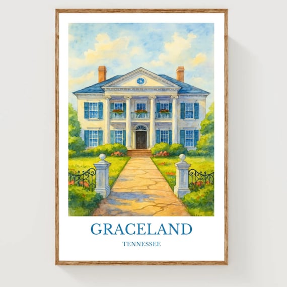 Graceland Tennessee Columned Mansion Watercolor Travel Poster