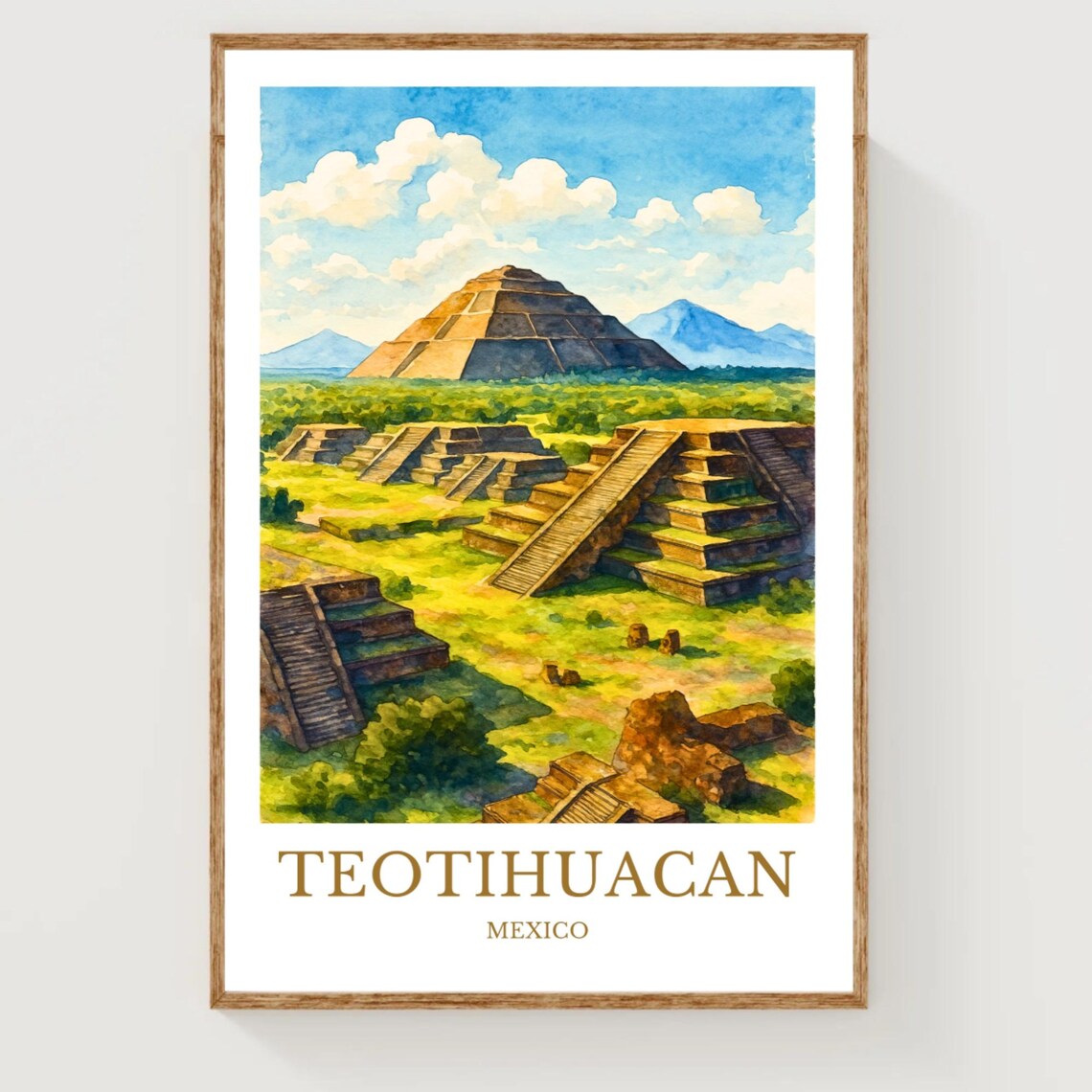 Teotihuacan Mexico Ancient Pyramid Watercolor Travel Art Poster