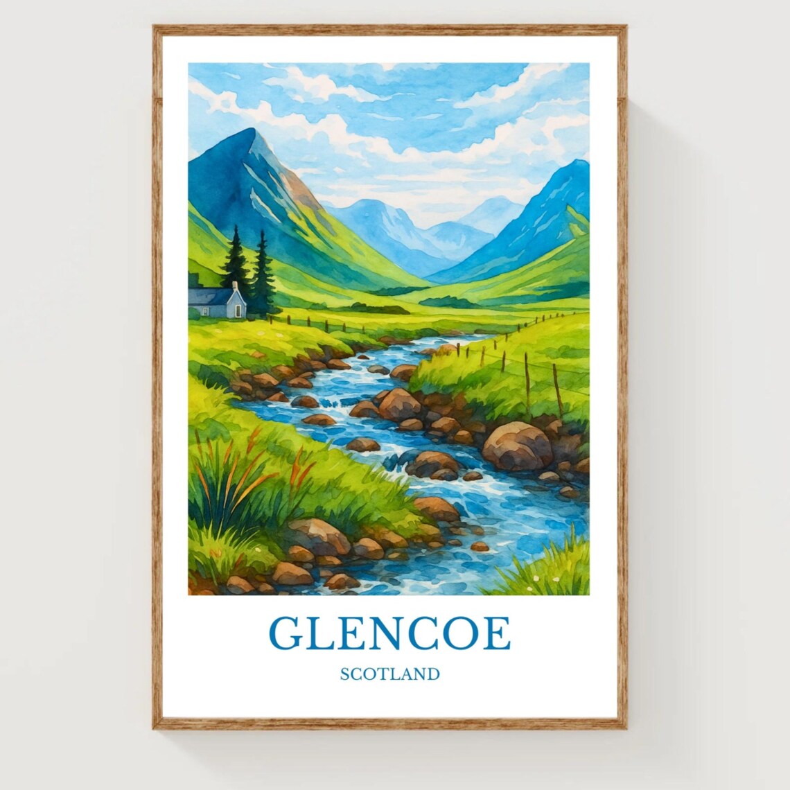 Glencoe Scotland Valley Stream Watercolor Highland Travel Art Poster