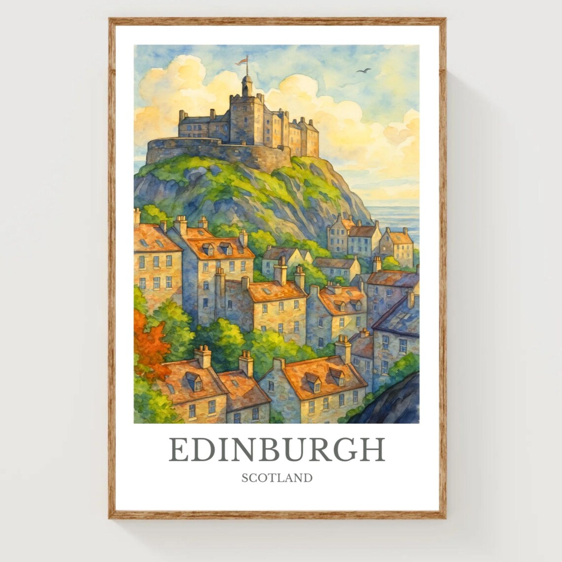 Edinburgh Scotland Castle Hill Town Watercolor Travel Poster