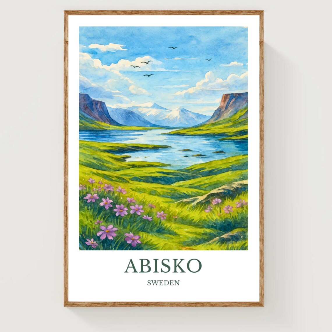 Abisko Sweden Watercolor Travel Poster Mountain Lake And Wildflowers