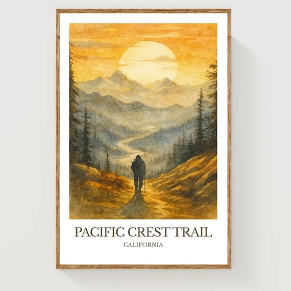 Pacific Crest Trail California Hiker Sunset Watercolor Mountain Wall Art