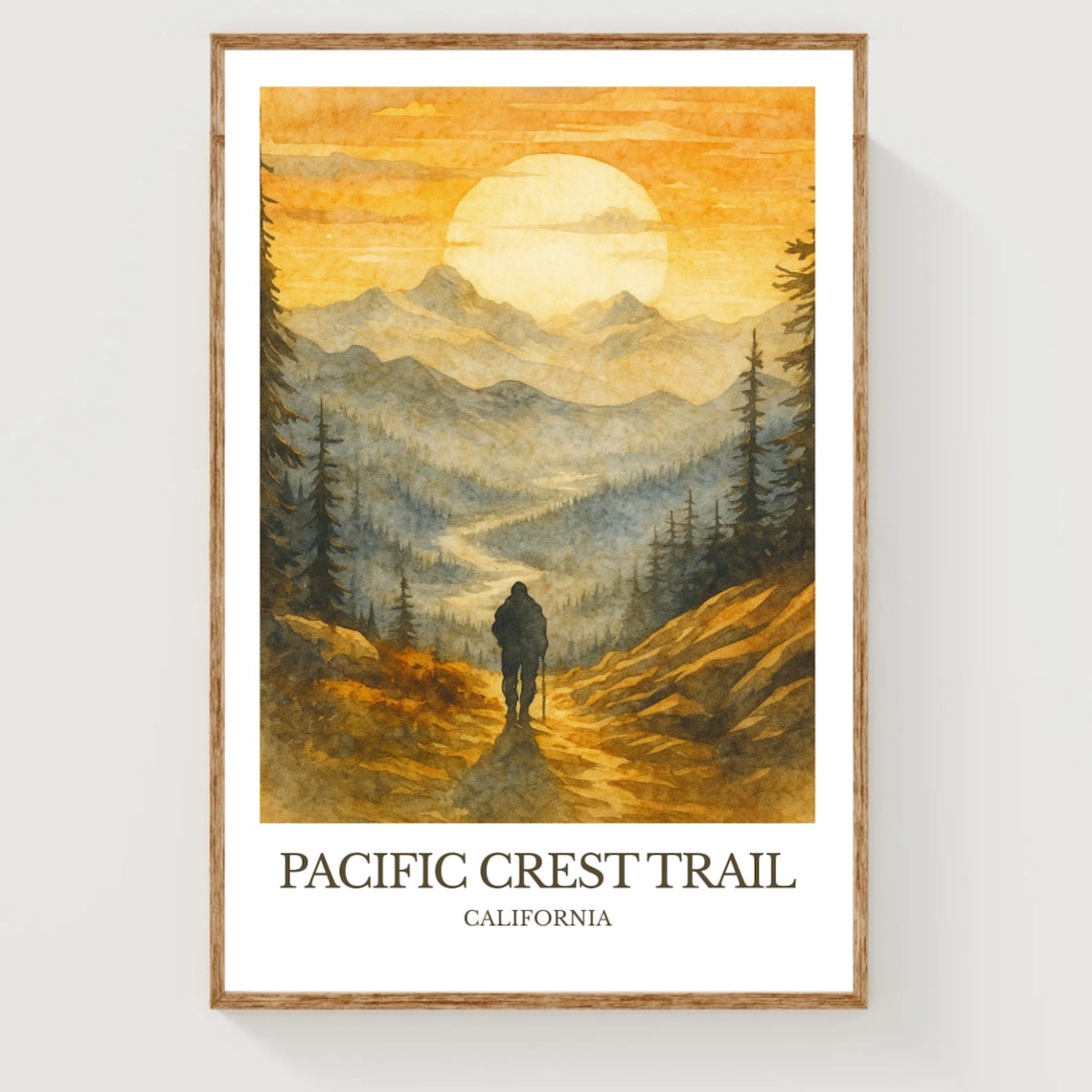 Pacific Crest Trail California Hiker Sunset Watercolor Mountain Wall Art
