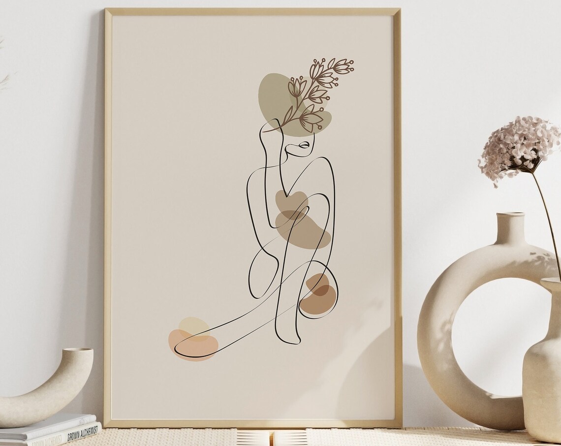 Minimalist Woman Line Art Floral Abstract Beige Elegant Poster