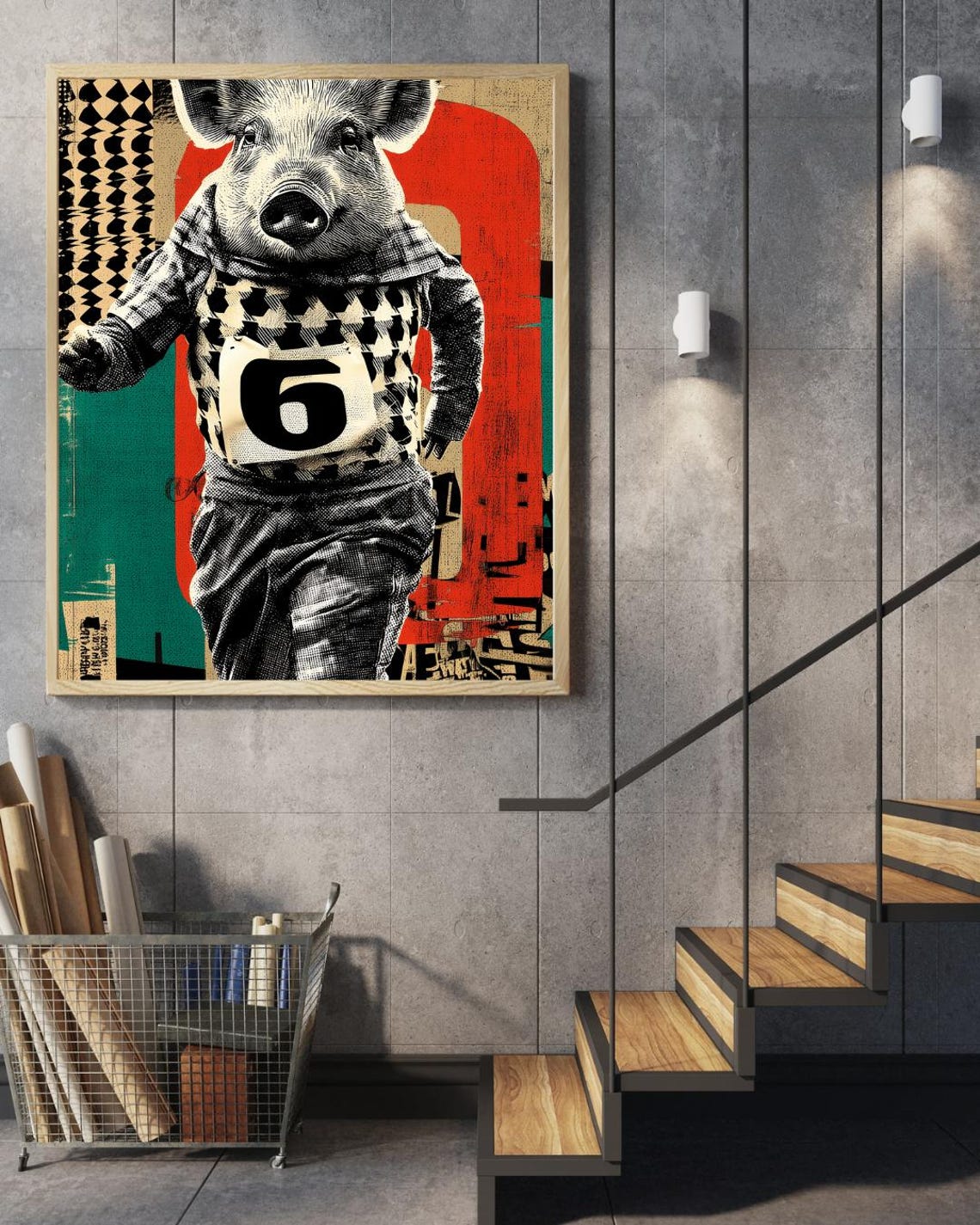 Marathon Runner Pig Race Bib Number Six Funny Sports Pop Art Poster