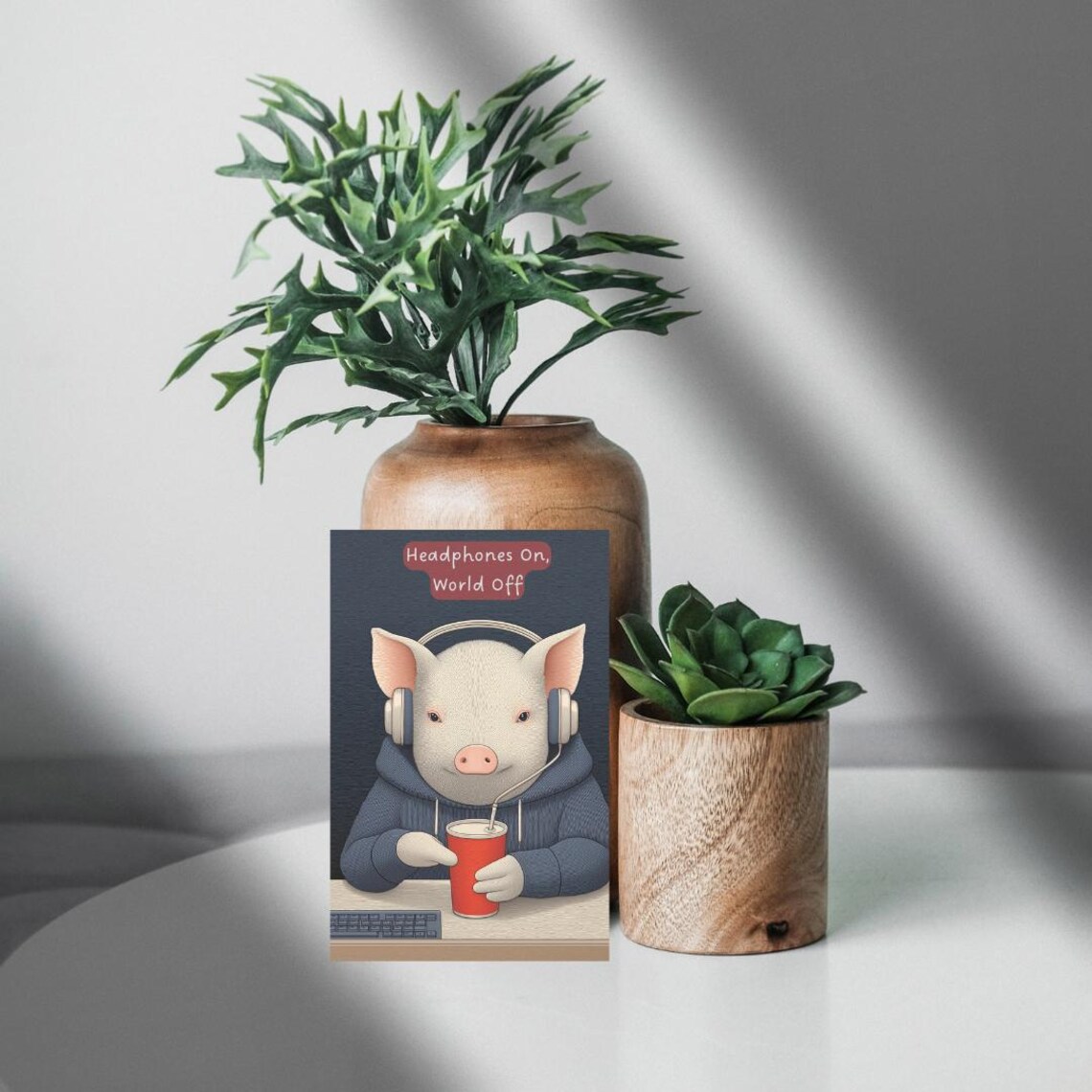 Headphones On World Off Pig Cute Late Night Gamer Card Print