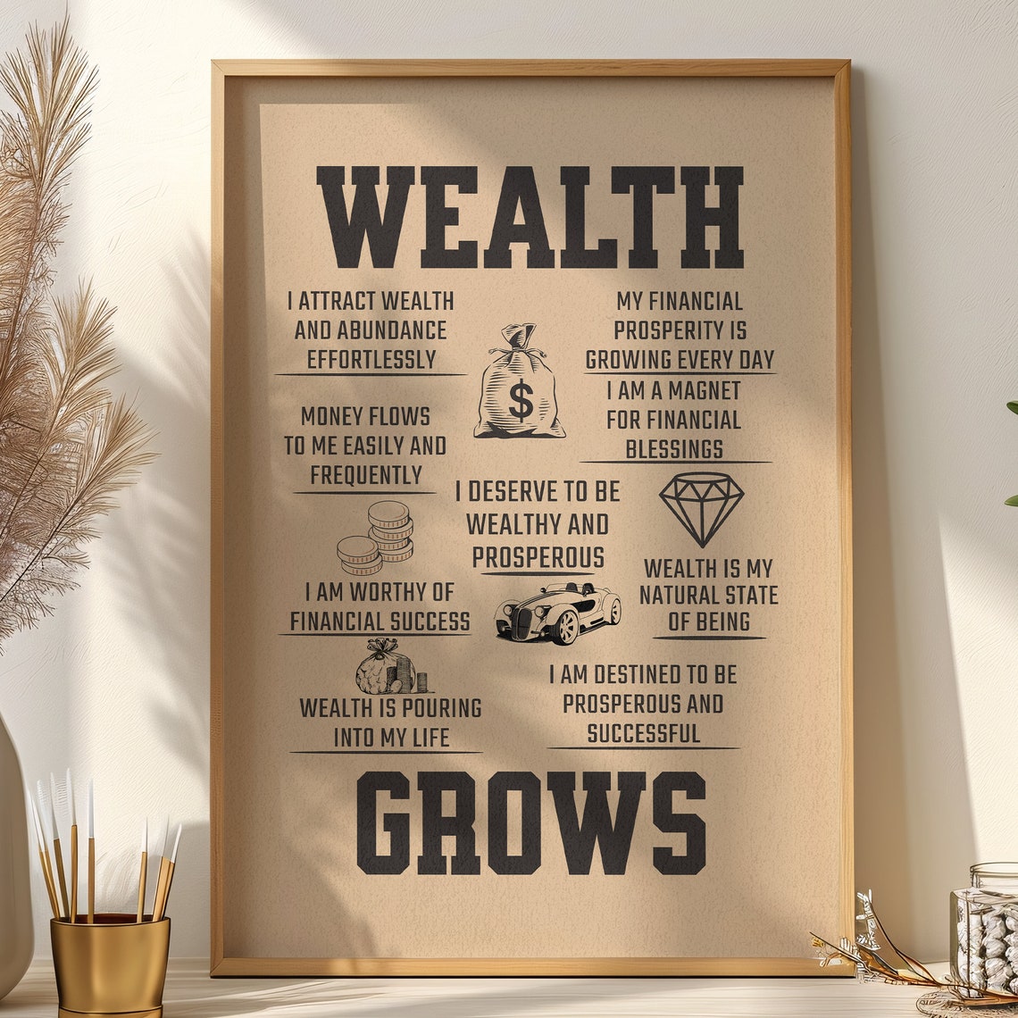 Wealth Grows Money Affirmation Manifestation Mindset Typography Poster