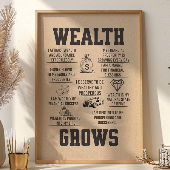 Wealth Grows Money Affirmation Manifestation Mindset Typography Poster