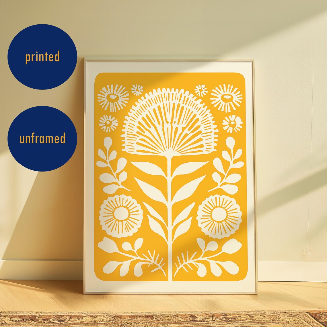 Yellow Floral Retro Folk Art Print, Boho Decor