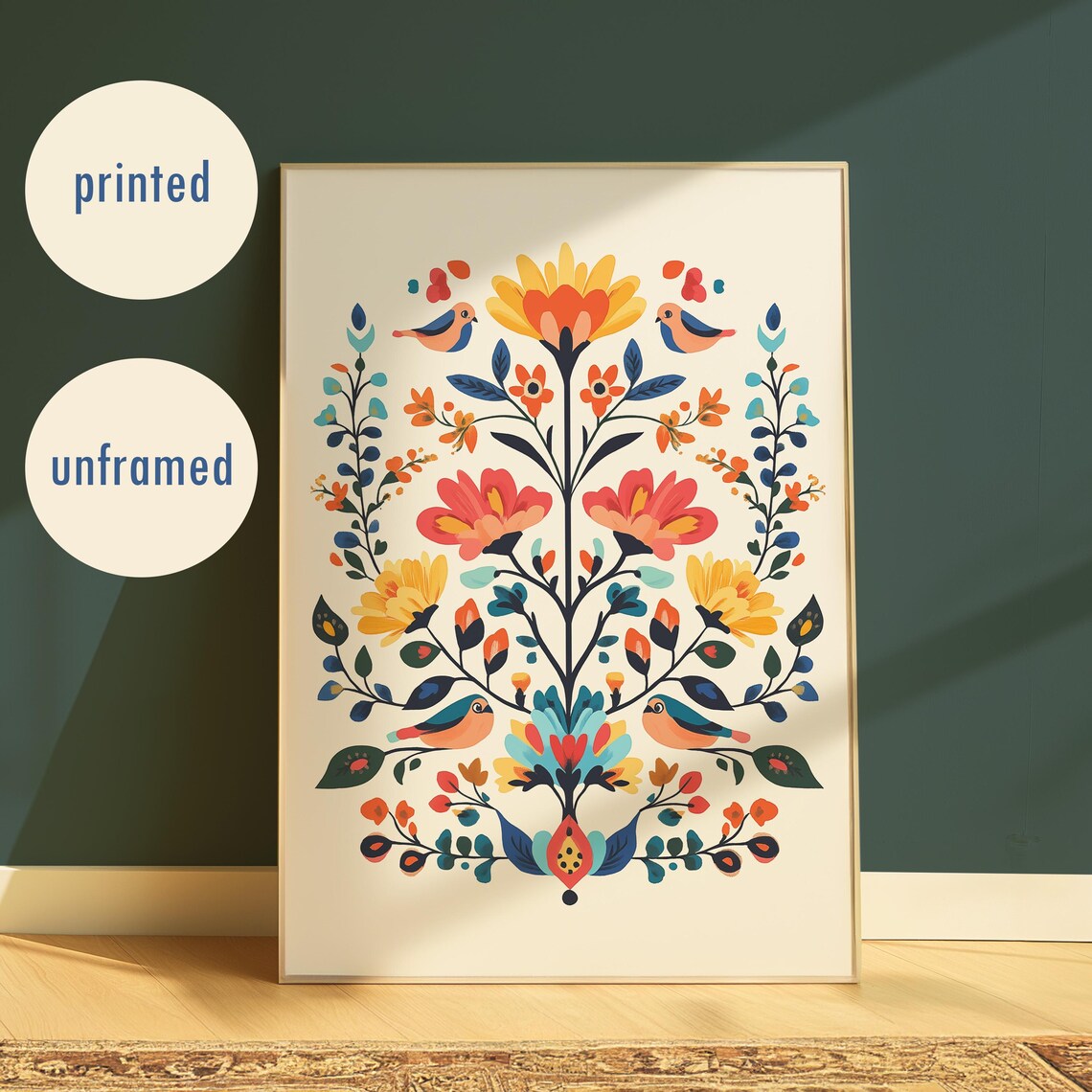 Nordic Folk Art Colorful Floral Birds Symmetry Botanical Poster