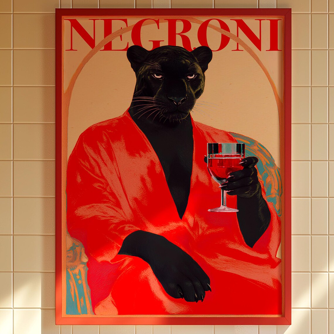 Panther Holding a Negroni Cocktail Retro Maximalist Bar Art Poster
