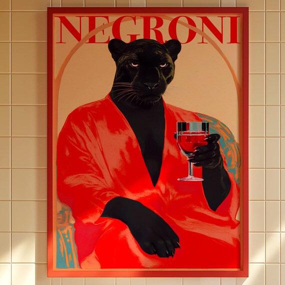 Panther Holding a Negroni Cocktail Retro Maximalist Bar Art Poster