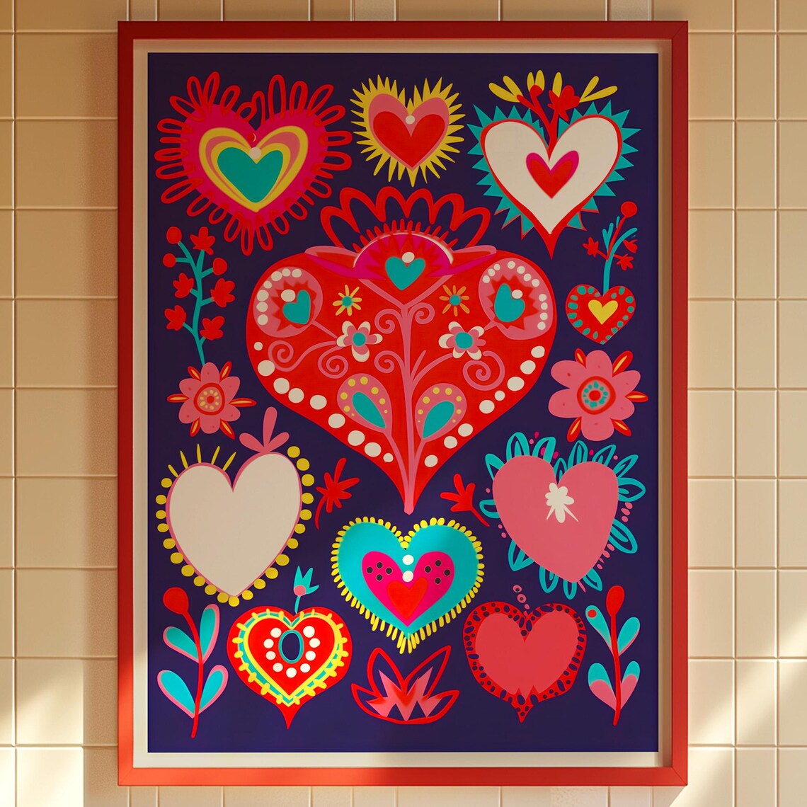 Mexican Folk Art Hearts Colorful Bohemian Hand-Drawn Wall Poster