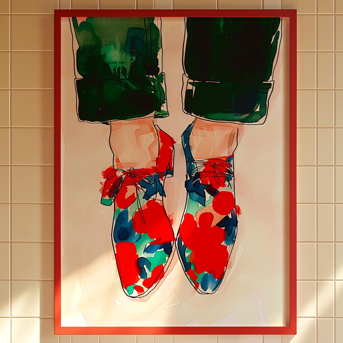 Vibrant Floral Lace-Up Shoes In Red Frame Fashion Watercolor Art Print