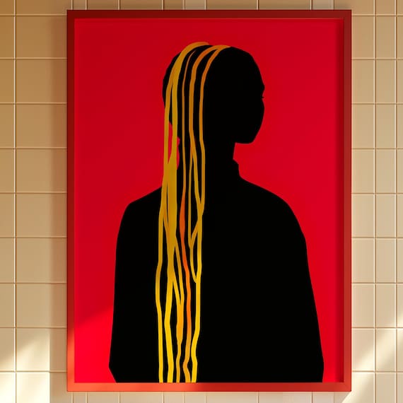 Red Woman Silhouette Long Braided Hair Bold Minimalist Pop Art Poster
