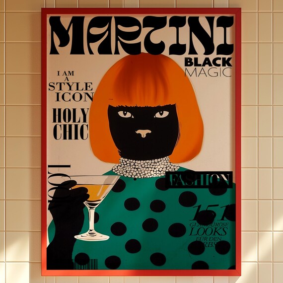 Retro Black Cat Martini Style Icon Glam Editorial Fashion Poster