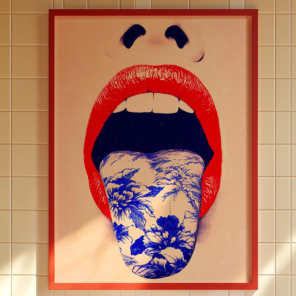Surreal Red Lips Open Mouth Floral Tongue Bold Pop Art Wall Poster