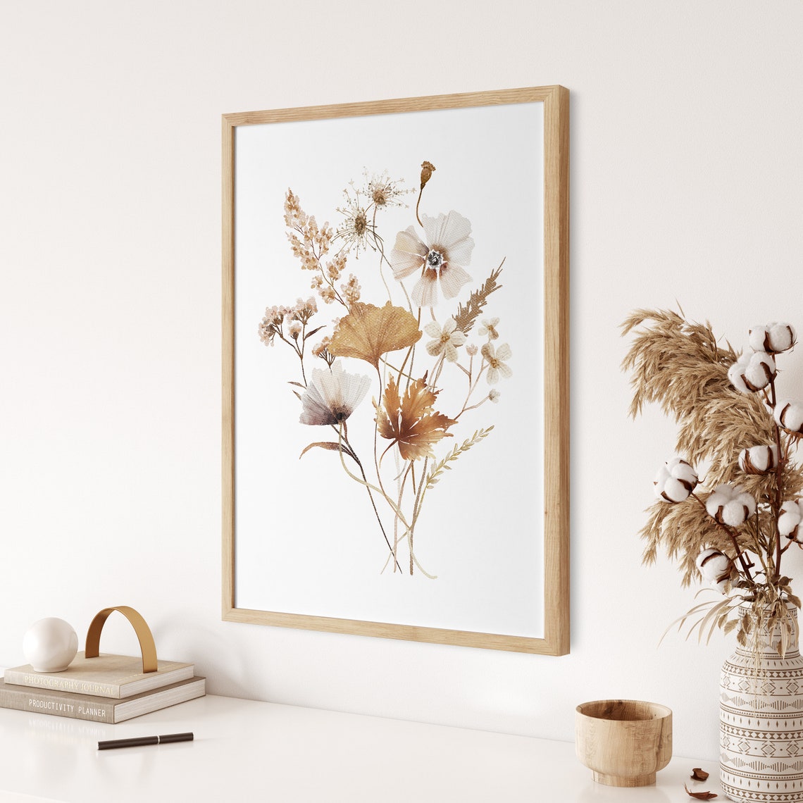 Neutral Beige Wildflower Sprig Bouquet Watercolor Botanical Poster - Image 3