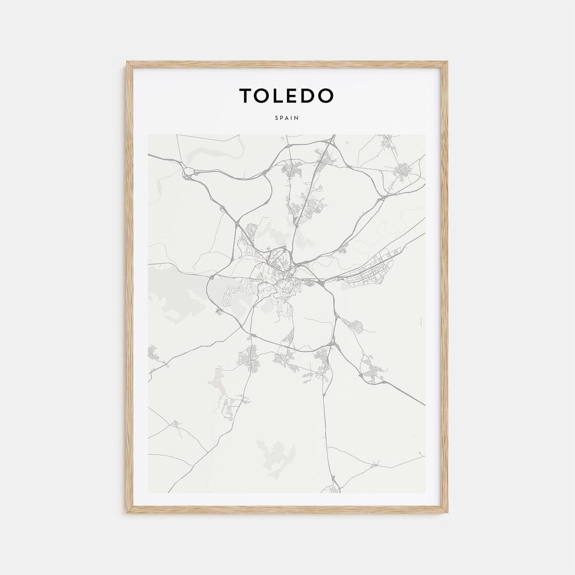 Minimalist Toledo Spain City Street Map Poster in Neutral Gray Tones