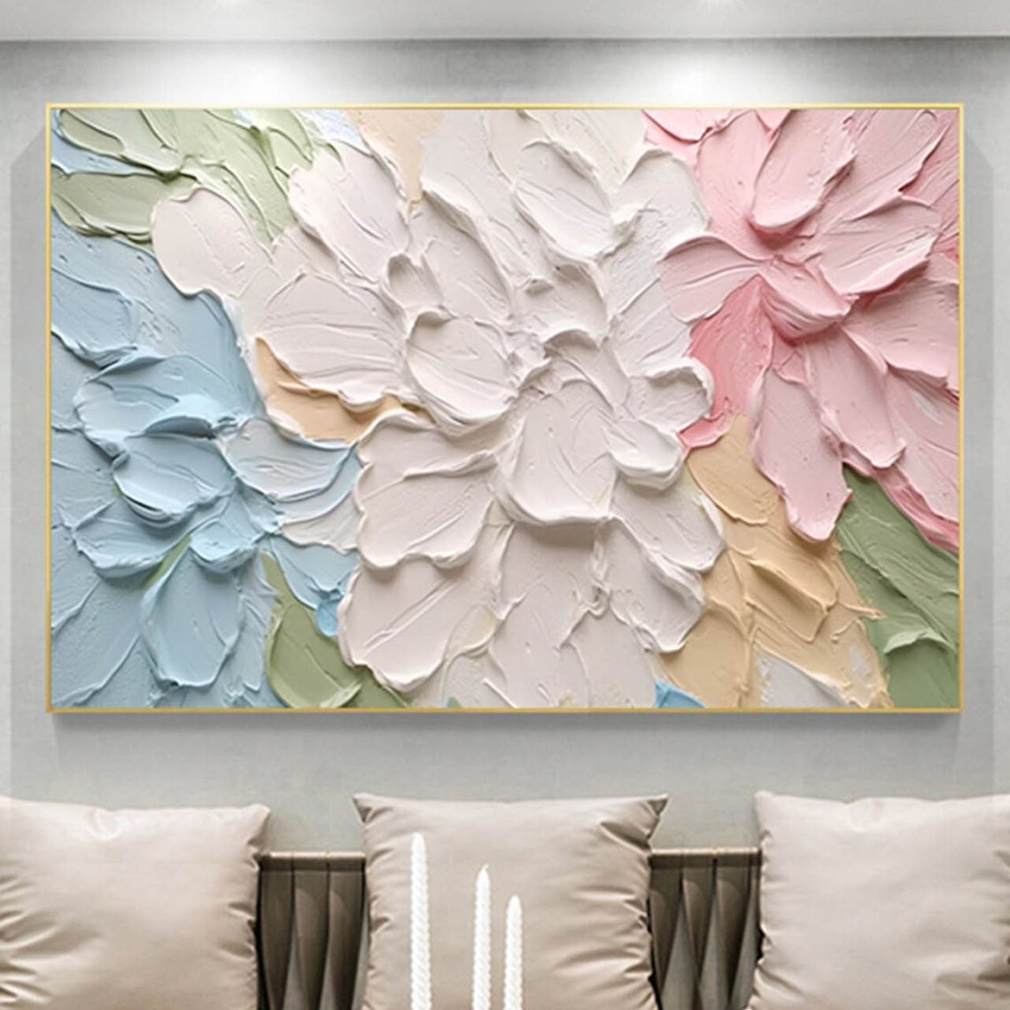 Pastel Petal Bloom 3D Textured Impasto Floral Painting Cream Wall Art