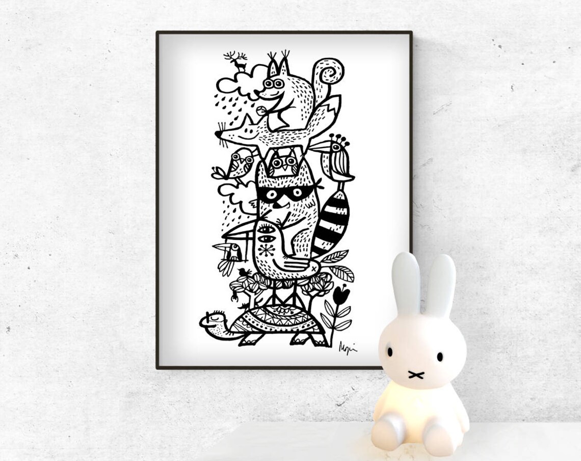 Stacked Woodland Animals Doodle Black and White Nursery Art Poster - Image 3