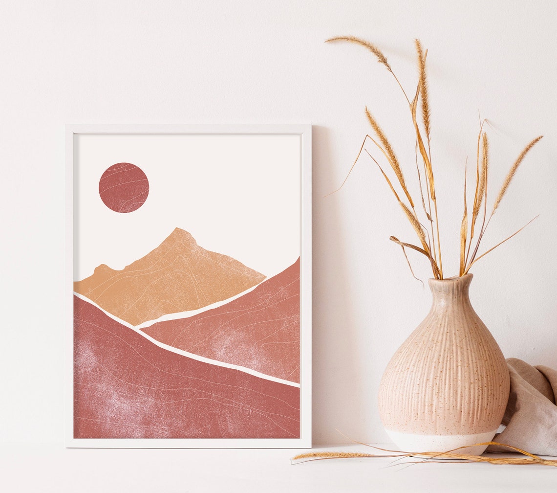 Terracotta Abstract Mountain Landscape Minimalist Sunset Wall Art