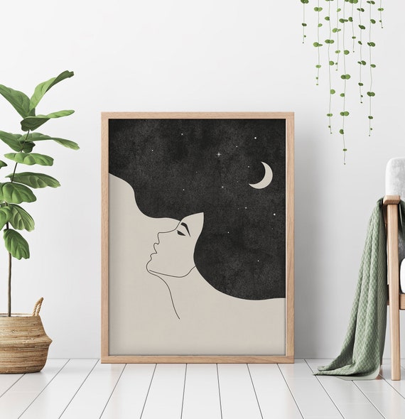 Moon Wall Art Print Girl Neutral Wall Art Abstract Art Print Boho Decor Instant Minimalist Print