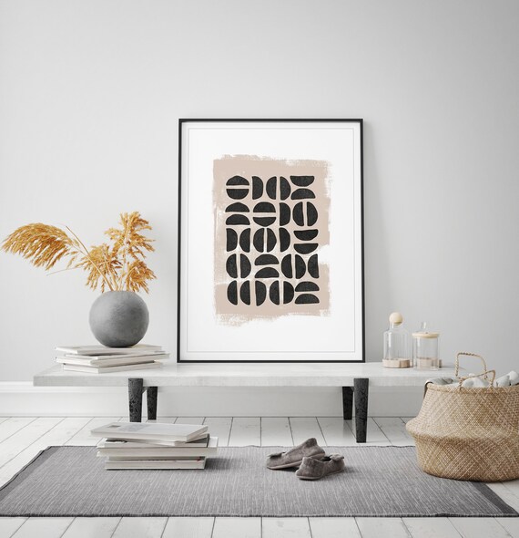 Mid Century Modern Art Print Neutral Geometric Wall Art Abstract Black Beige Minimal Circle Shapes