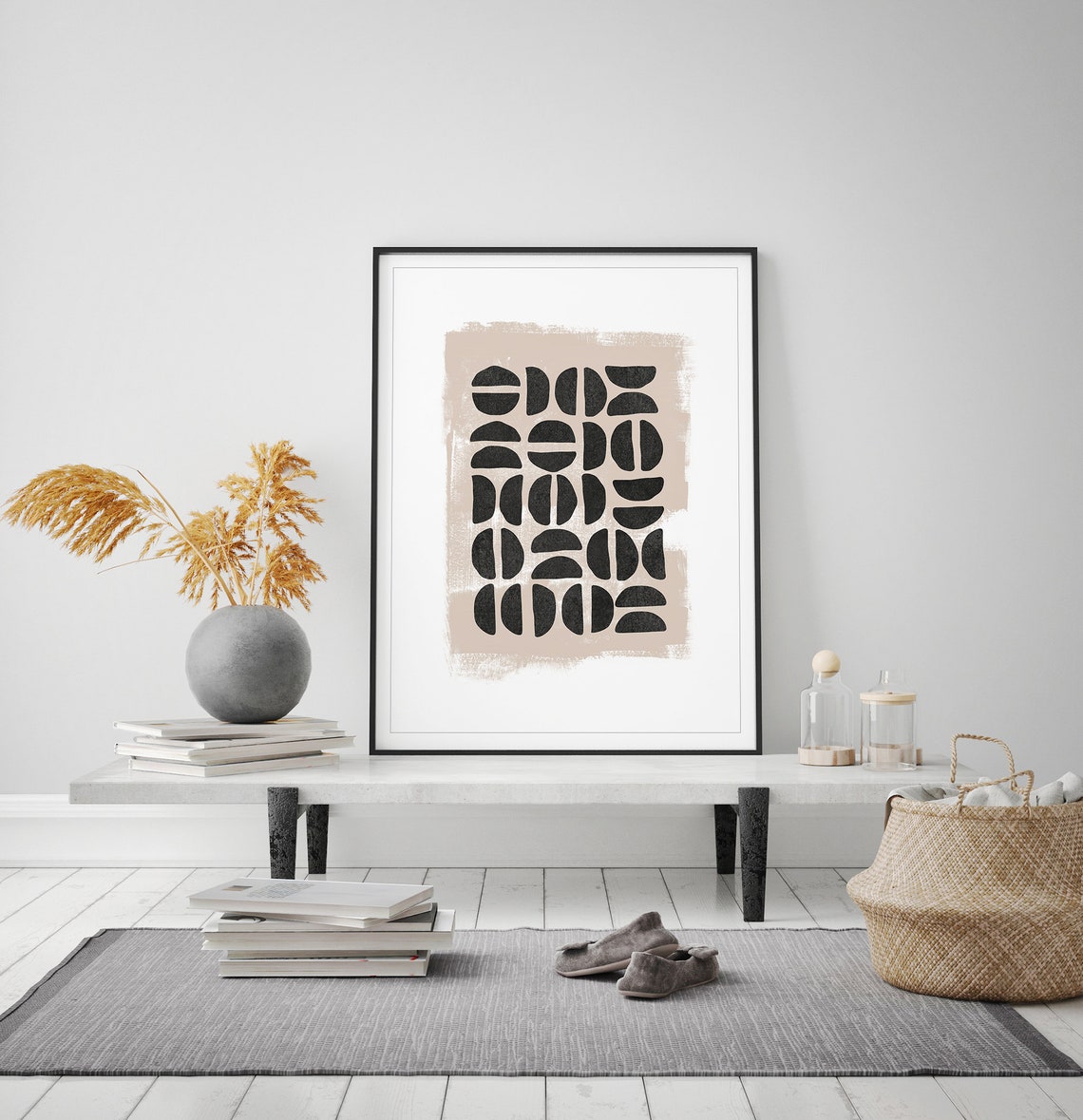 Black Grid Semicircle Shapes Boho Neutral Modern Abstract Poster