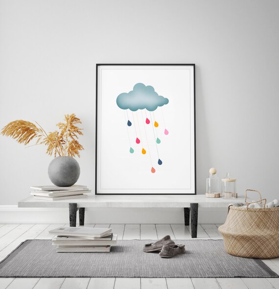 Blue Cloud Colorful Raindrops Nursery Kids Bedroom Art Poster