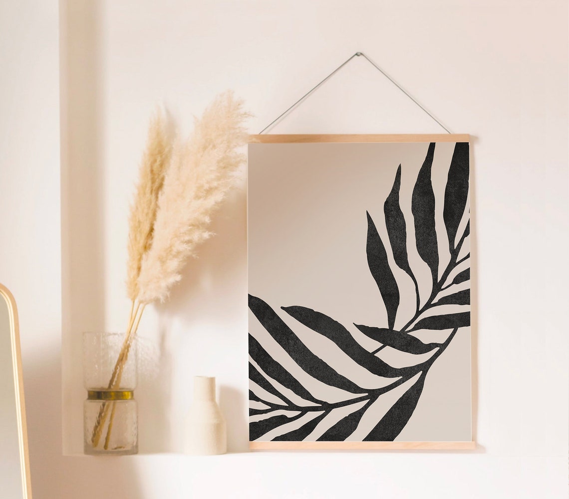 Black Palm Leaves Botanical Silhouette Beige Modern Art Poster