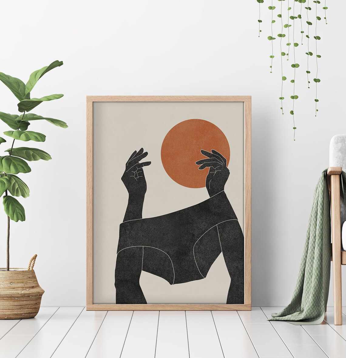 Black Abstract Figure Raised Hands Terracotta Sun Modern Boho Art Poster