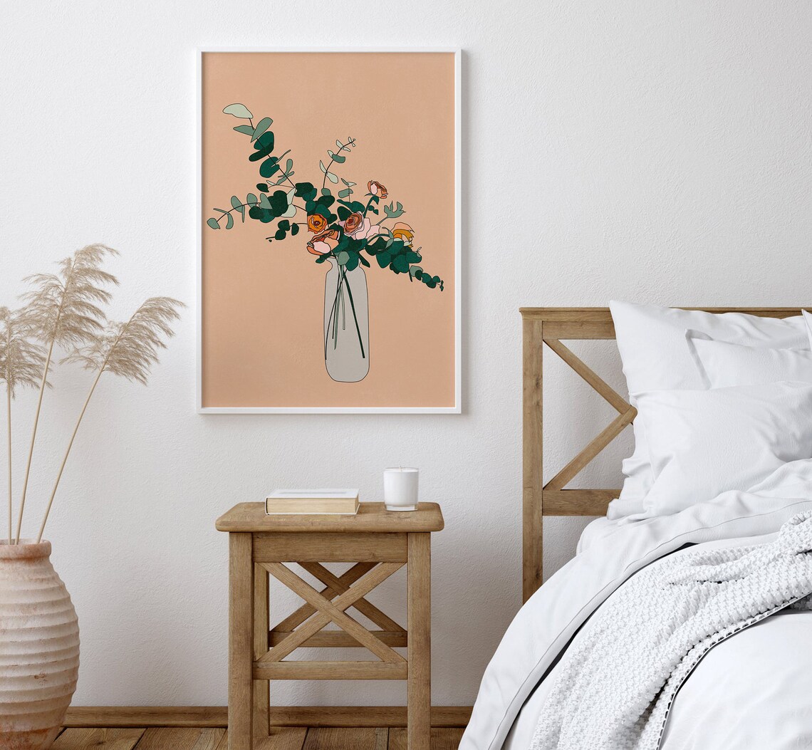 Terracotta Floral Bouquet Vase Eucalyptus Roses Minimalist Poster - Image 2