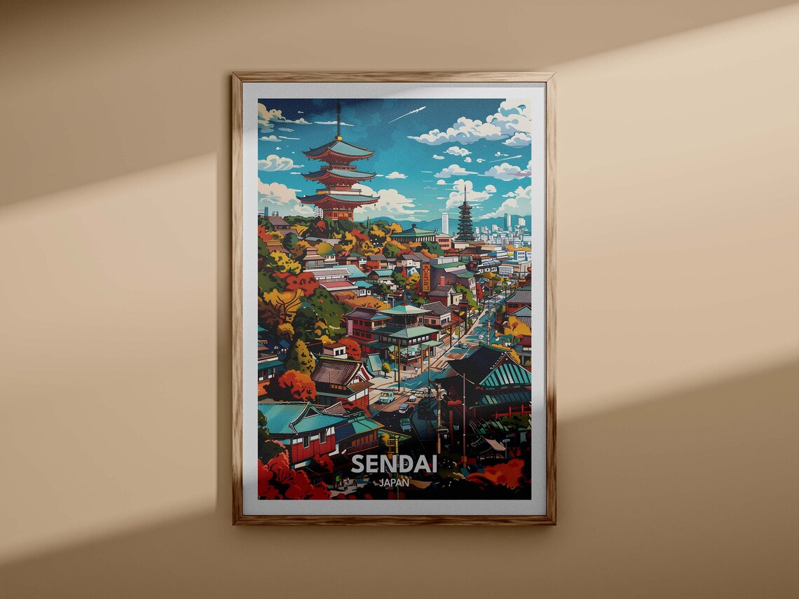 Sendai Japan Travel Poster Five Story Pagoda Autumn Cityscape View - Image 3