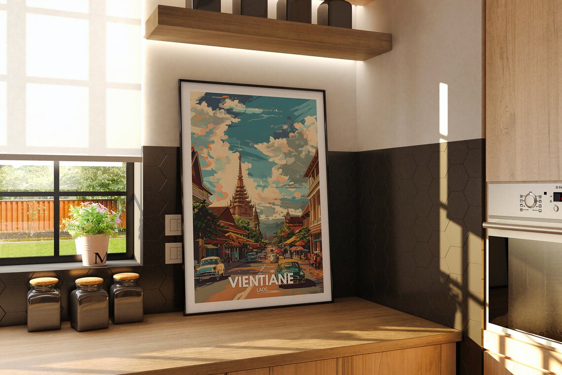 Vientiane Laos Golden Temple Spire Street Retro Travel Poster - Image 2