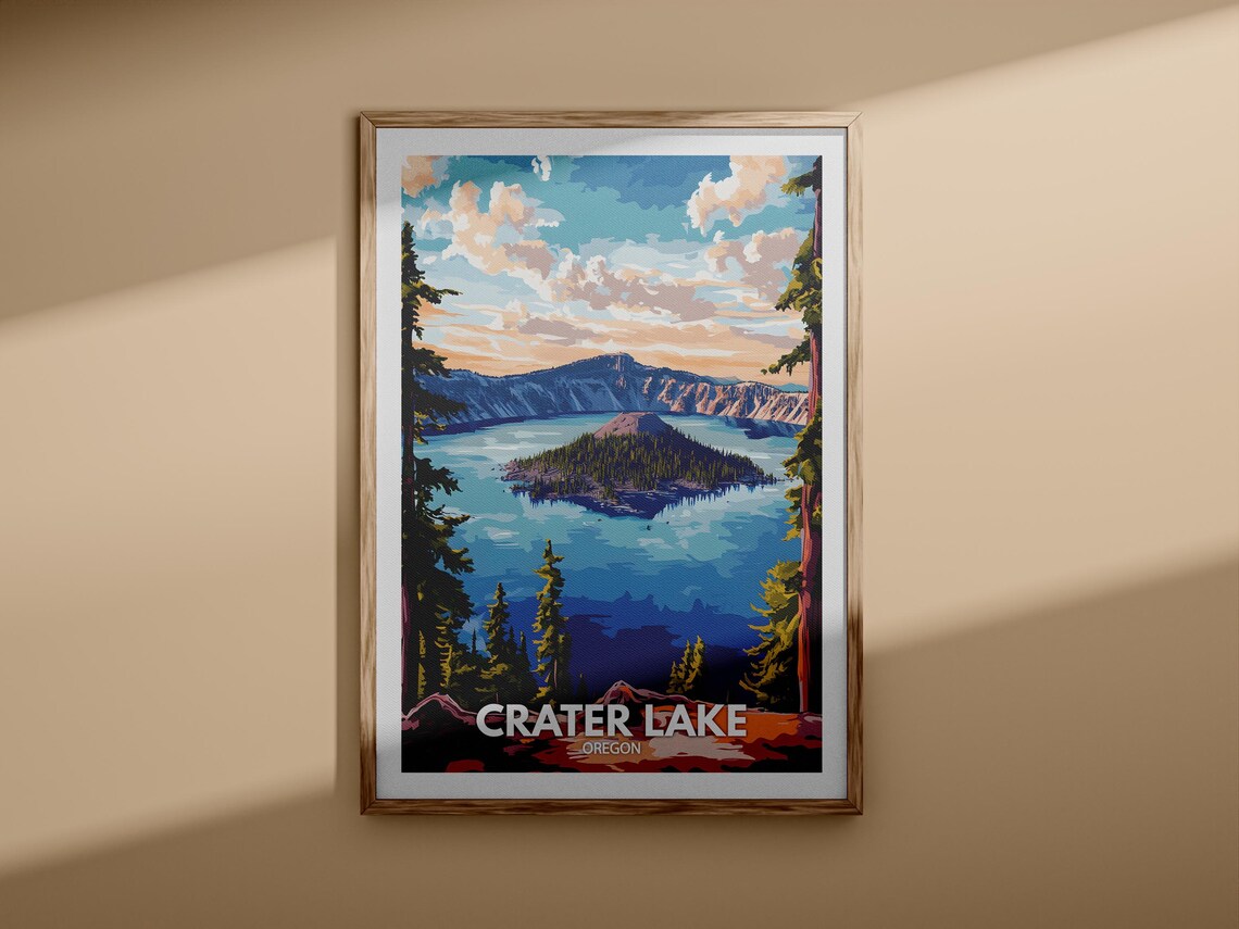 Crater Lake Oregon Wizard Island Deep Blue Water Travel Poster - Image 3