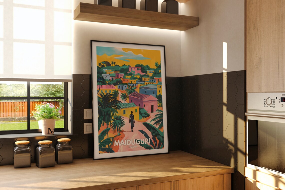 Maiduguri Nigeria Travel Poster Colorful Village Palm Trees Figures Art - Image 2