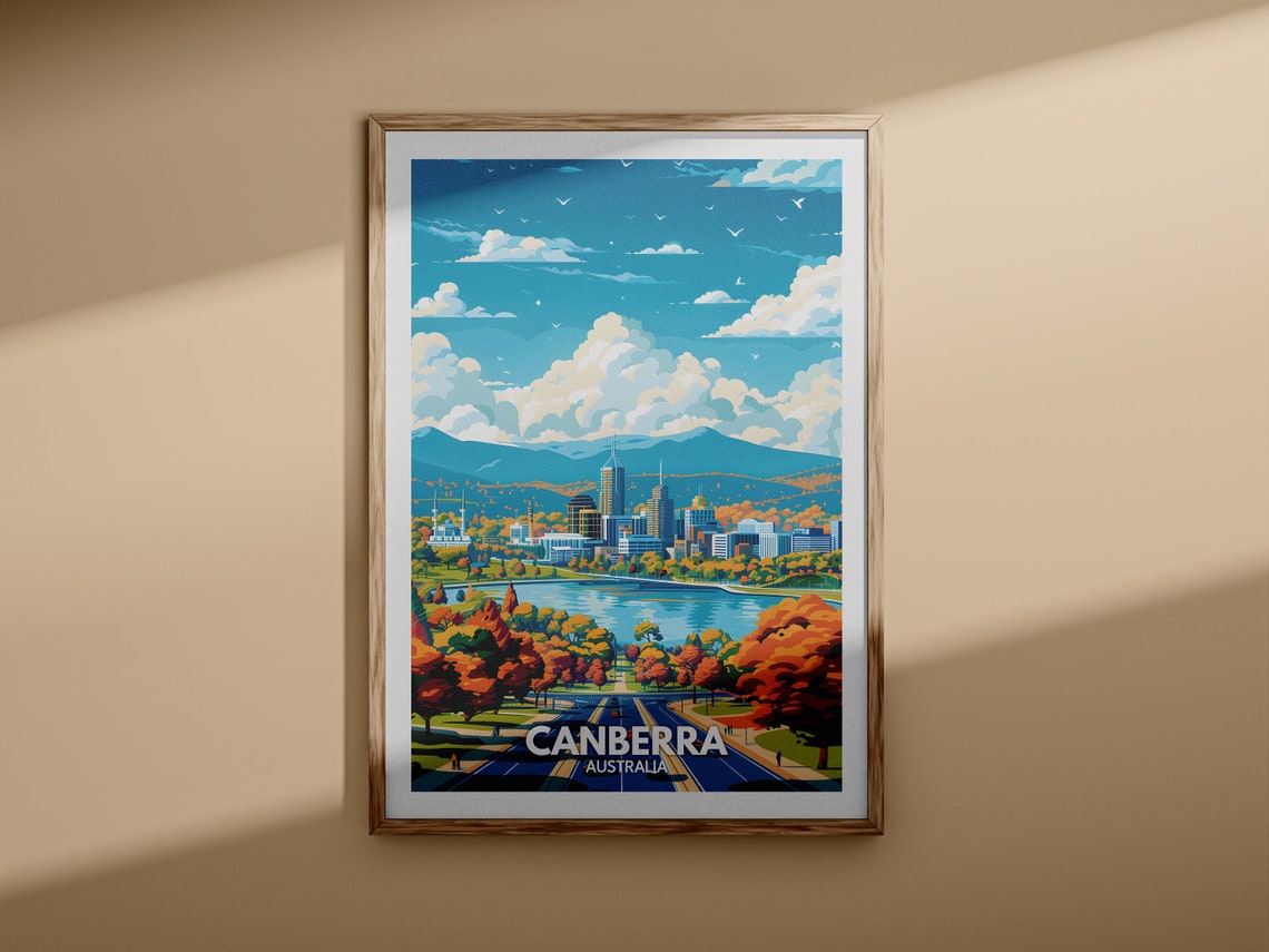 Canberra Australia Autumn Lake Cityscape Retro Travel Poster - Image 3