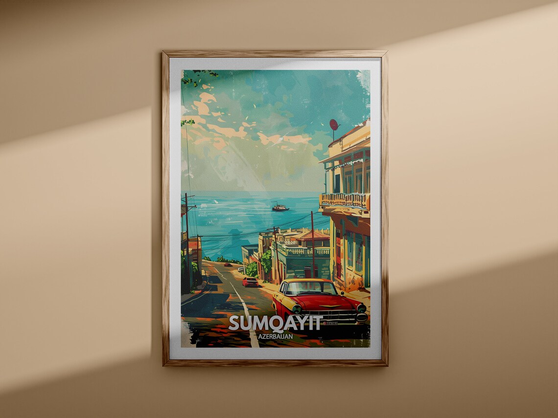 Sumqayit Azerbaijan Coastal Street Classic Car Travel Poster - Image 3