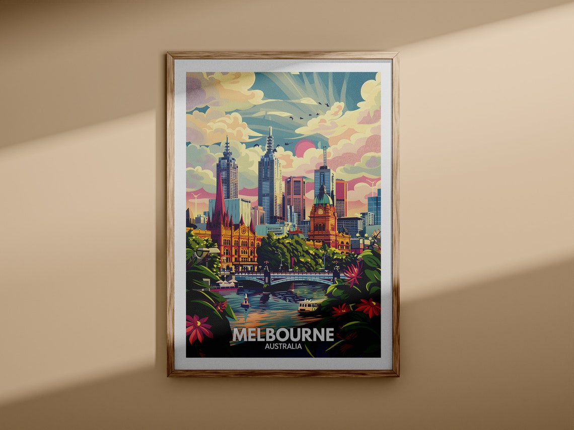 Melbourne Australia Yarra River Skyline Sunset Vintage Poster - Image 3