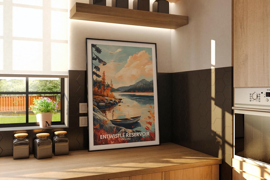 Entwistle Reservoir England Vintage Travel Poster Autumn Lake View - Image 2