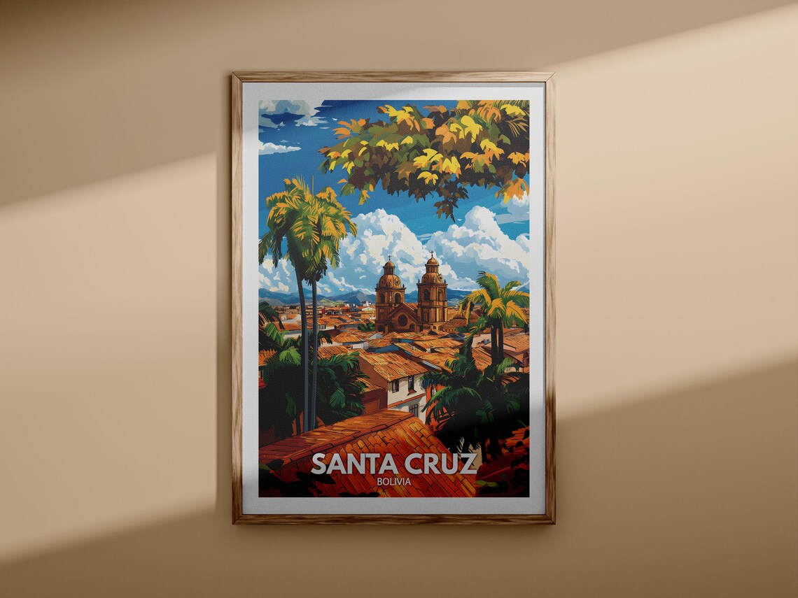 Santa Cruz Bolivia Cathedral Palms Vintage Travel Poster Art - Image 3