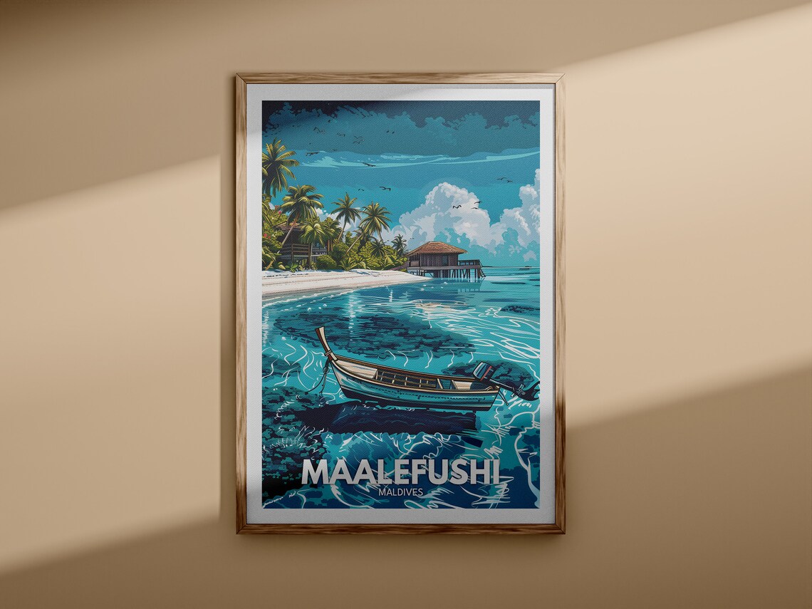 Maalefushi Maldives Overwater Hut Turquoise Lagoon Travel Poster - Image 3