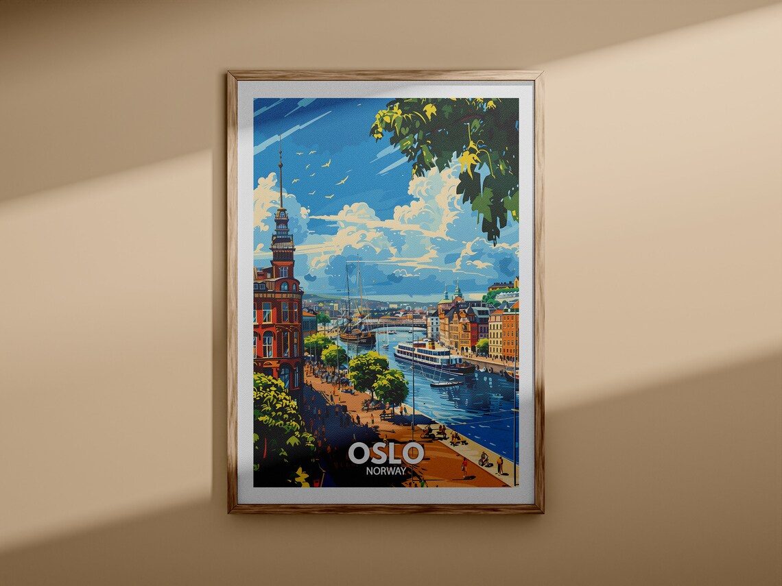 Oslo Norway Harbor Red Tower Ferry Boat Vintage Travel Poster - Image 3