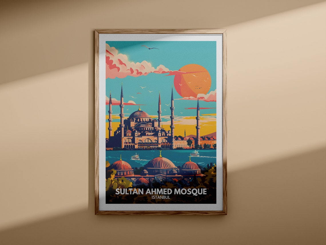 Sultan Ahmed Mosque Istanbul Sunset Skyline Vintage Art Poster - Image 3