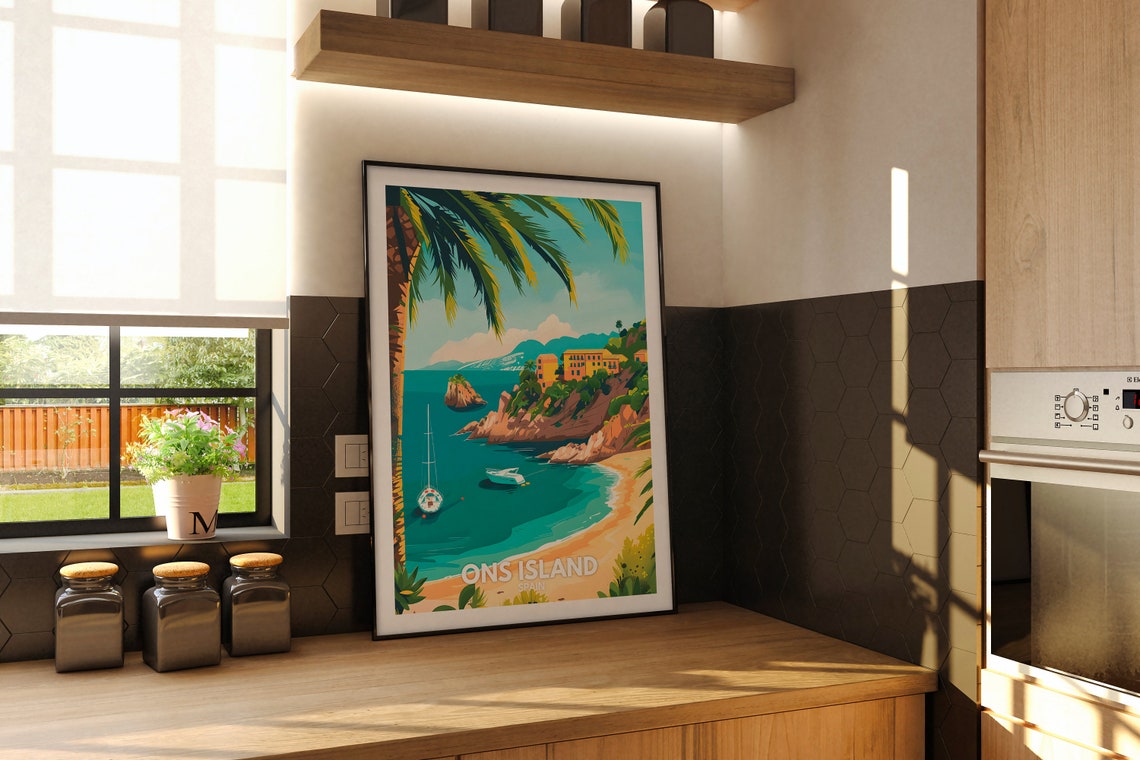 Ons Island Spain Tropical Beach Coves Palm Tree Retro Travel Poster - Image 2