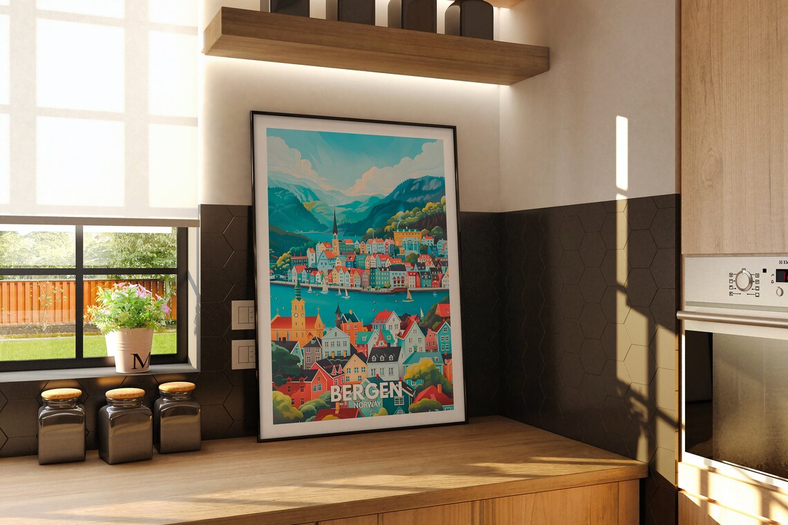 Bergen Norway Colorful Scandinavian Harbor City Fjord Poster - Image 2