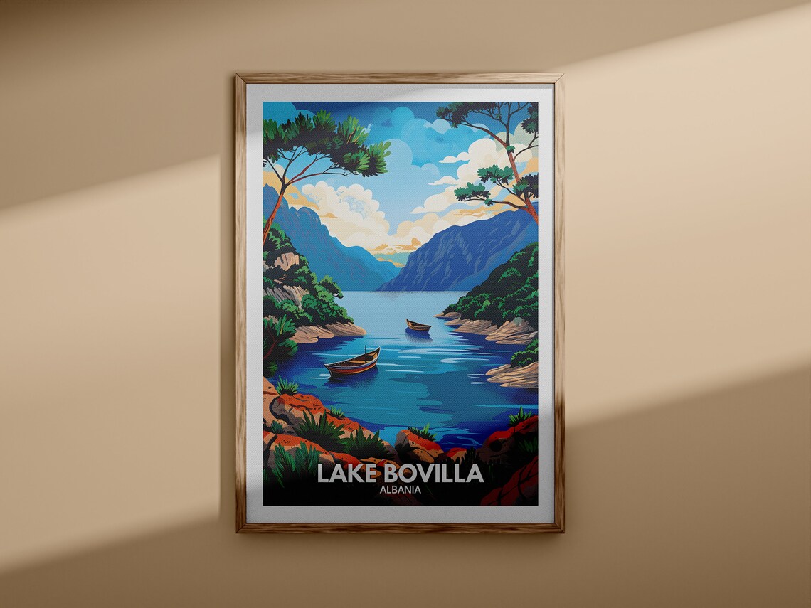 Lake Bovilla Albania Blue Reservoir Cliffs Boats Travel Poster - Image 3