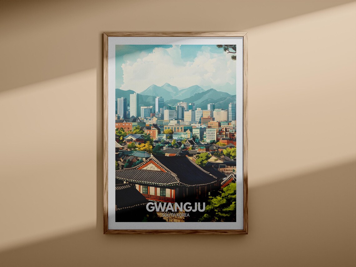 Gwangju South Korea City Mountain Skyline Vintage Travel Poster - Image 3
