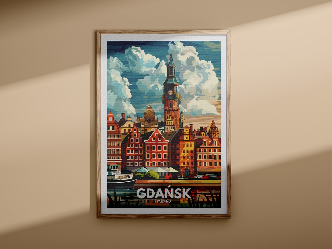 Retro Gdansk Poland Waterfront Brick Cityscape Travel Poster - Image 3